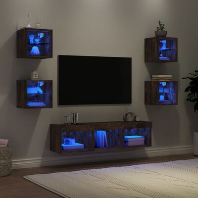 vidaXL Mobili TV a Muro con LED 7pz Rovere Fumo in Legno Multistrato