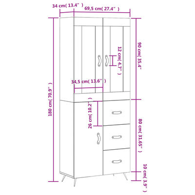 vidaXL Credenza Bianca 69,5x34x180 cm in Legno Multistrato