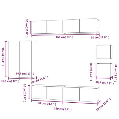 vidaXL Set Mobili Porta TV 8pz Bianco Lucido in Legno Multistrato