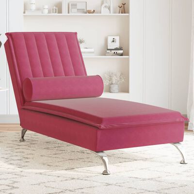 vidaXL Chaise Longue Massaggi con Cuscino a Rullo Rosso Vino Velluto