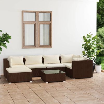 vidaXL Set Divani da Giardino 7 pz con Cuscini in Polyrattan Marrone