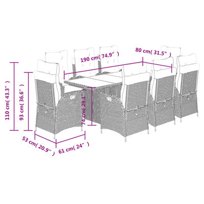 vidaXL Set da Pranzo da Giardino 9 pz con Cuscini Nero in Polyrattan