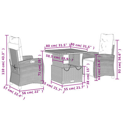 vidaXL Set da Pranzo da Giardino 3 pz con Cuscini in Polyrattan Grigio