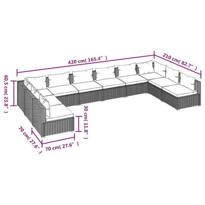 vidaXL Set Divani da Giardino 10 pz con Cuscini in Polyrattan Marrone