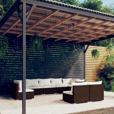 vidaXL Set Divani da Giardino 9 pz con Cuscini in Polyrattan Marrone