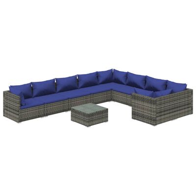 vidaXL Set Divani da Giardino 10 pz con Cuscini in Polyrattan Grigio