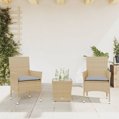 vidaXL Set da Bistrò 3 pz con Cuscini Beige Polyrattan e Vetro