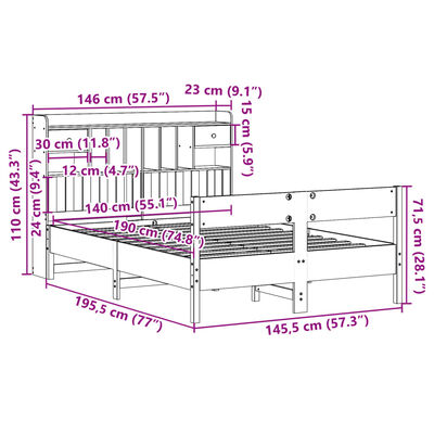 vidaXL Letto Libreria senza Materasso Marrone Cera 140x190 cm in Pino