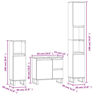 vidaXL Set Mobili da Bagno 3 pz Nero in Legno Multistrato