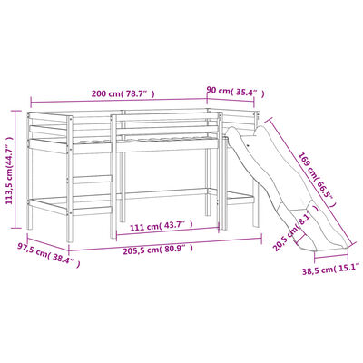 vidaXL Letto Soppalco con Scivolo Bambini 90x200cm Legno Massello Pino