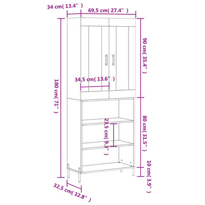 vidaXL Credenza Grigio Sonoma 69,5x34x180 cm in Legno Multistrato