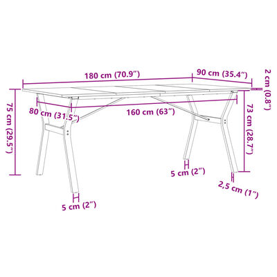 vidaXL Tavolo da Pranzo Telaio a Y 180x90x75 cm Massello Pino e Ghisa