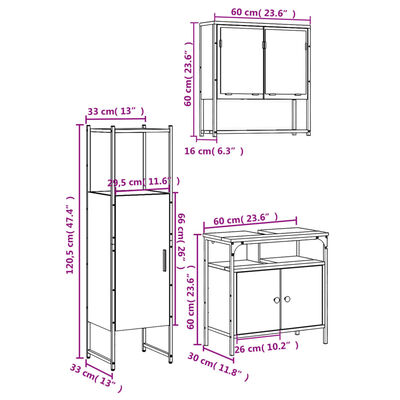 vidaXL Set Mobili da Bagno 3 pz Nero in Legno Multistrato