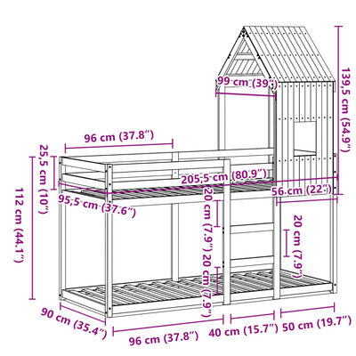 vidaXL Letto a Castello con Tetto Cera 90x200 cm Legno Massello Pino