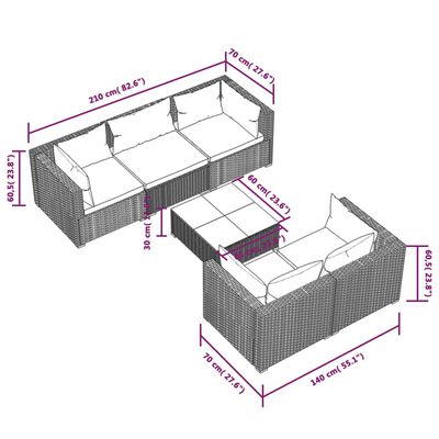 vidaXL Set Divani da Giardino 6 pz con Cuscini in Polyrattan Marrone