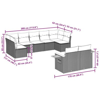 vidaXL Set Divani da Giardino 9 pz con Cuscini Nero in Polyrattan