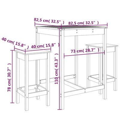 vidaXL Set Bar da Giardino 3 pz Grigio in Legno Massello di Pino