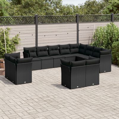 vidaXL Set Divani da Giardino 12 pz con Cuscini Nero in Polyrattan