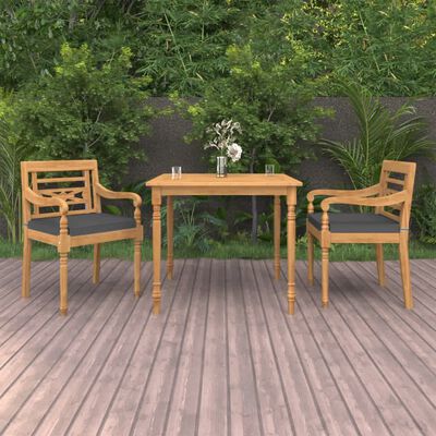 vidaXL Set Pranzo da Giardino con Cuscini 3pz Legno Massello di Teak