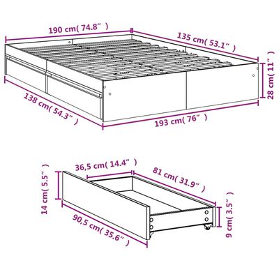 vidaXL Giroletto con Cassetti Nero 135x190 cm in Legno Multistrato