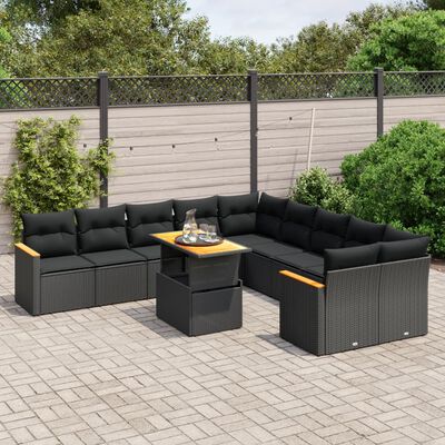 vidaXL Set Divani da Giardino 11 pz con Cuscini in Polyrattan Nero