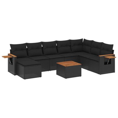 vidaXL Set Divani da Giardino 9 pz con Cuscini Nero in Polyrattan