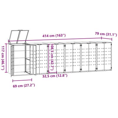 vidaXL Copribidone con Ruote per 6 Bidoni Grigio 414x79x117cm Acciaio