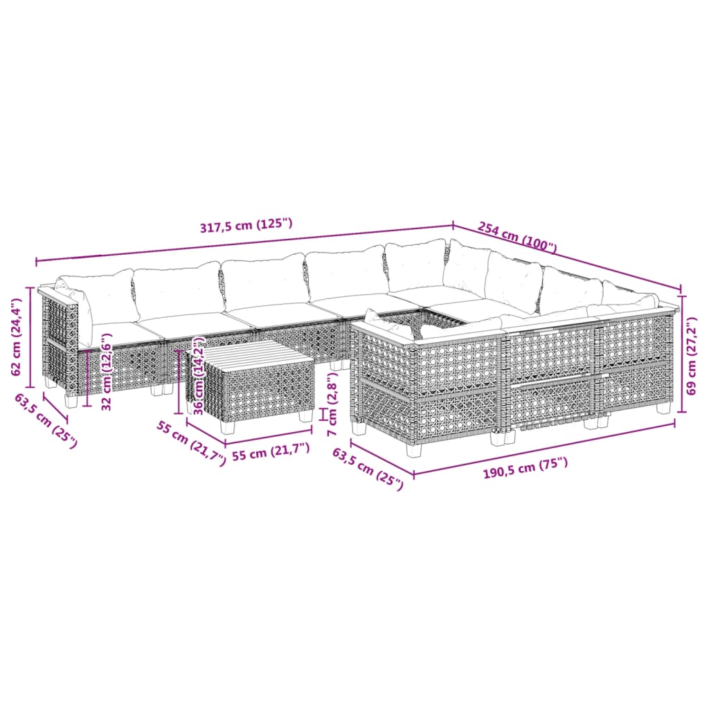 vidaXL Set Divani da Giardino 11 pz con Cuscini in Polyrattan Nero