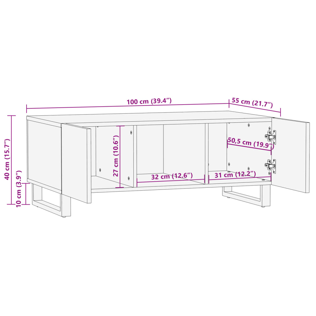 vidaXL Tavolino da Salotto Marrone 100x55x40 cm in Massello di Mango