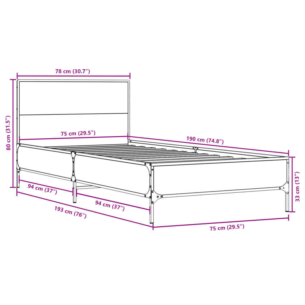 vidaXL Giroletto Grigio Sonoma 75x190cm in Legno Multistrato e Metallo