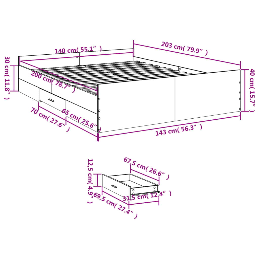 vidaXL Giroletto con Cassetti Rovere Fumo 140x200 cm Legno Multistrato