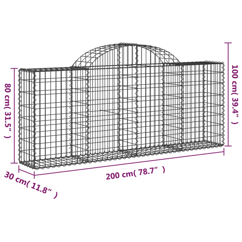 vidaXL Cesti Gabbioni ad Arco 10 pz 200x30x80/100 cm Ferro Zincato