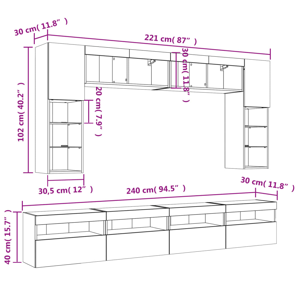 vidaXL Set Mobili TV a Muro 8 pz con Luci LED Rovere Sonoma