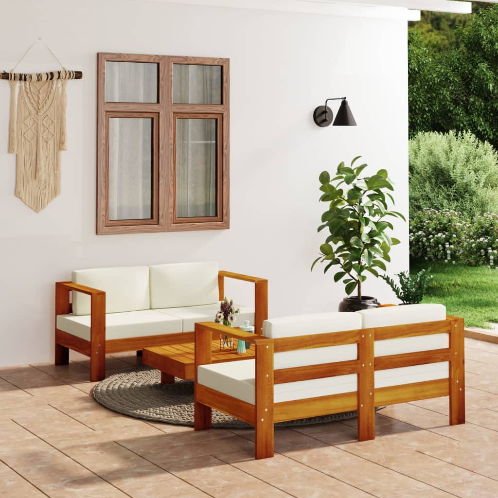 vidaXL Set Divani Giardino 3 pz Cuscini Bianco Crema in Legno Massello