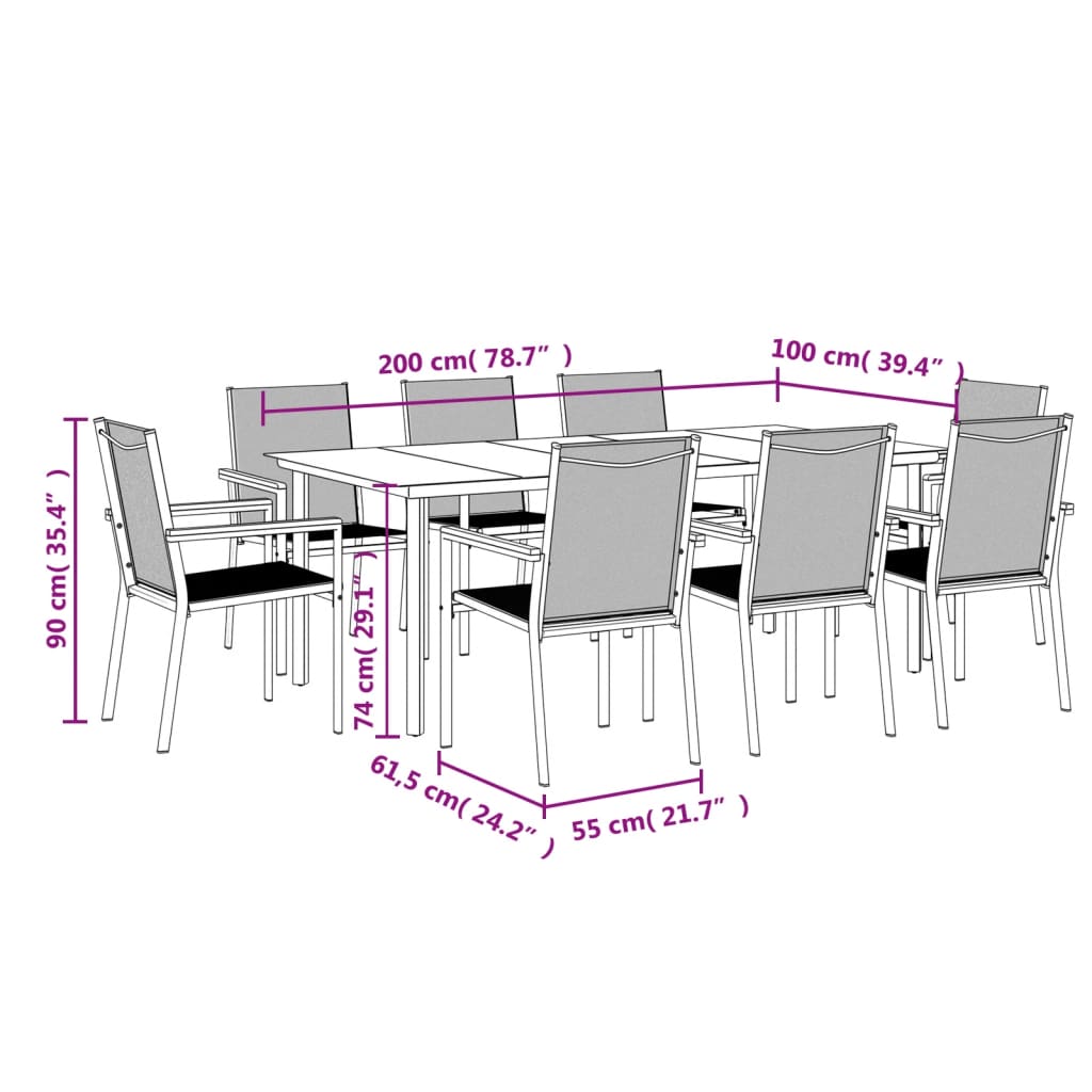 vidaXL Set da Pranzo da Giardino 9 pz Nero in Textilene e Acciaio