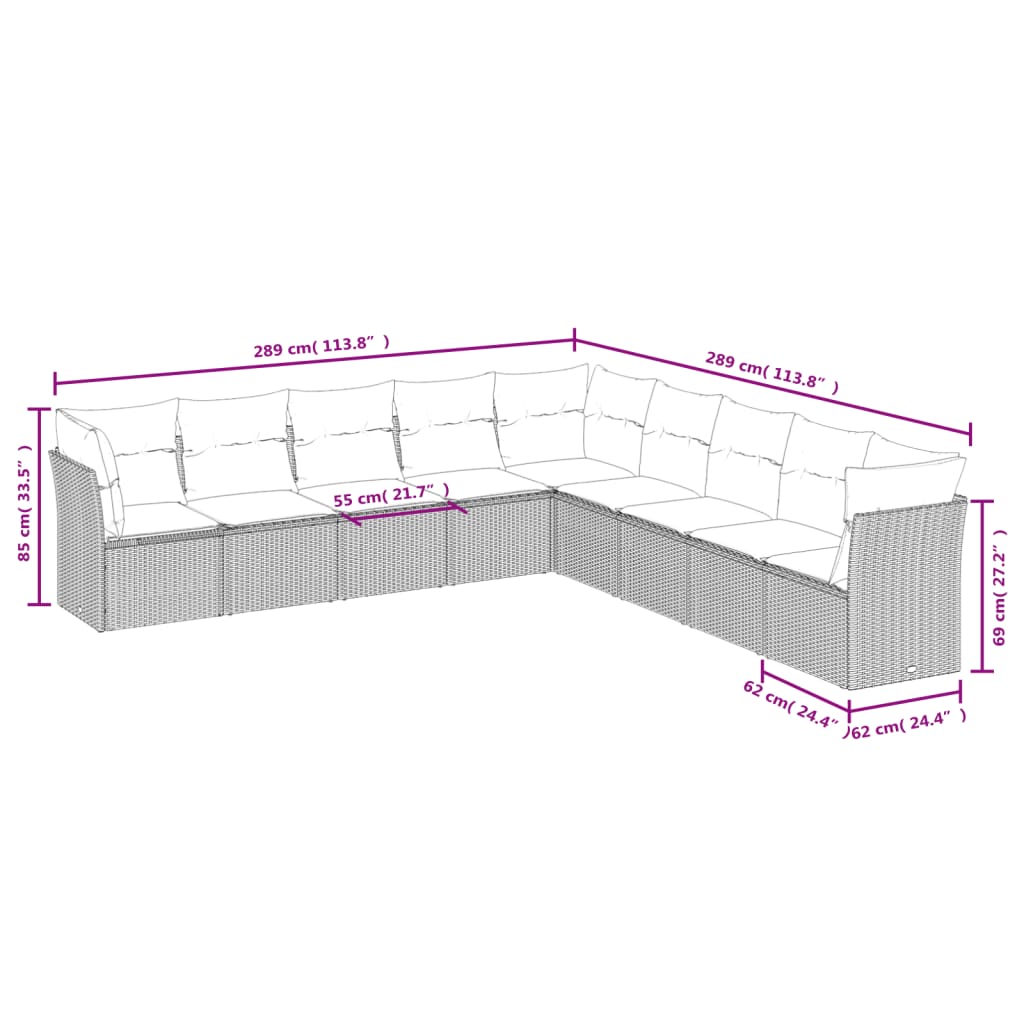 vidaXL Set Divani da Giardino 9pz con Cuscini Marrone in Polyrattan