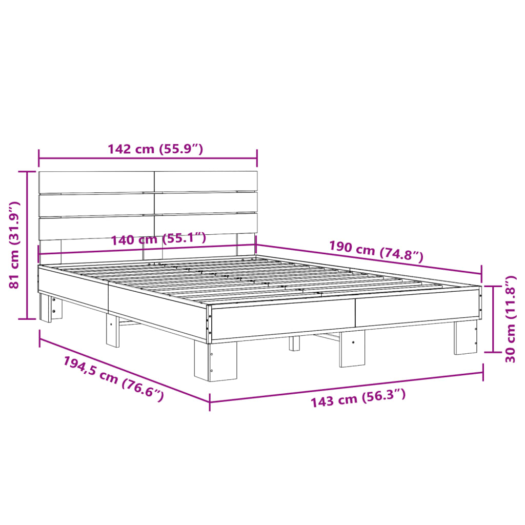 vidaXL Giroletto Rovere Sonoma 140x190 cm in Legno Multistrato Metallo