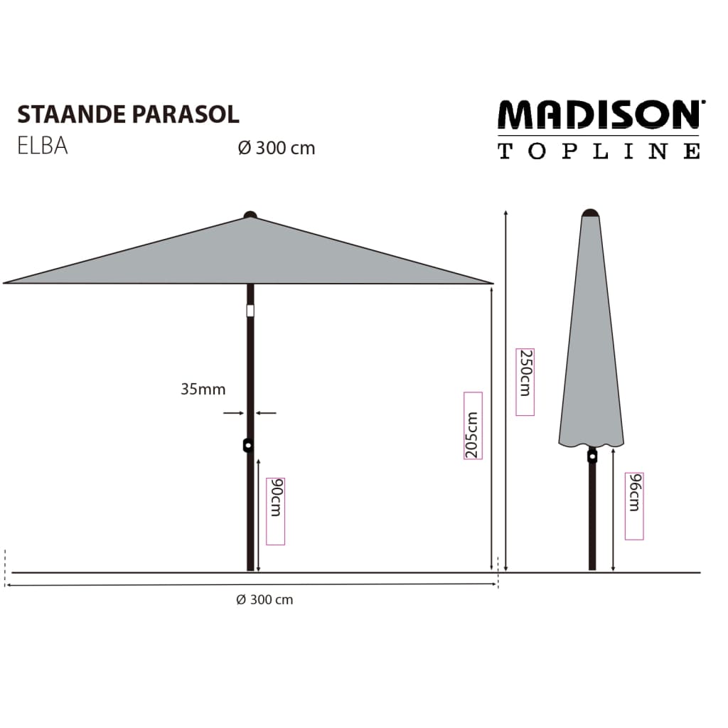 Madison Ombrellone da Giardino Elba 300 cm Grigio