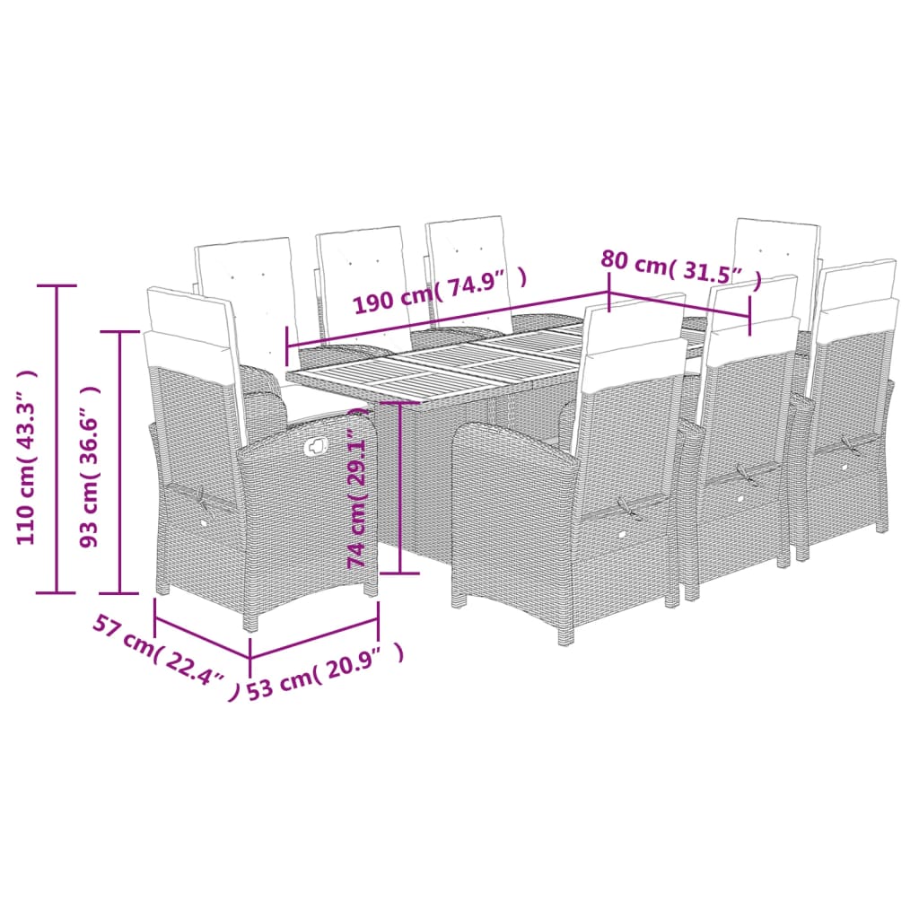 vidaXL Set da Pranzo da Giardino 9 pz con Cuscini in Polyrattan Grigio