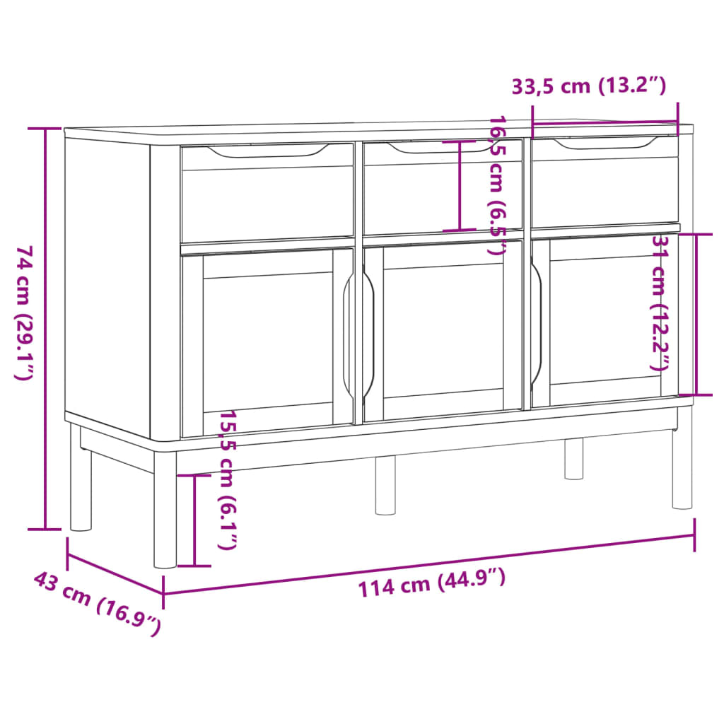 vidaXL Credenza FLORO Bianca 114x43x74 cm in Legno Massello di Pino