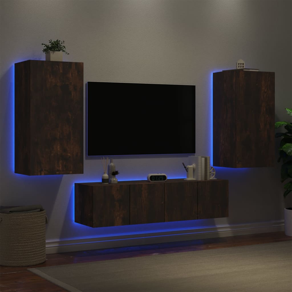 vidaXL Mobili TV a Muro con LED 4pz Rovere Fumo in Legno Multistrato