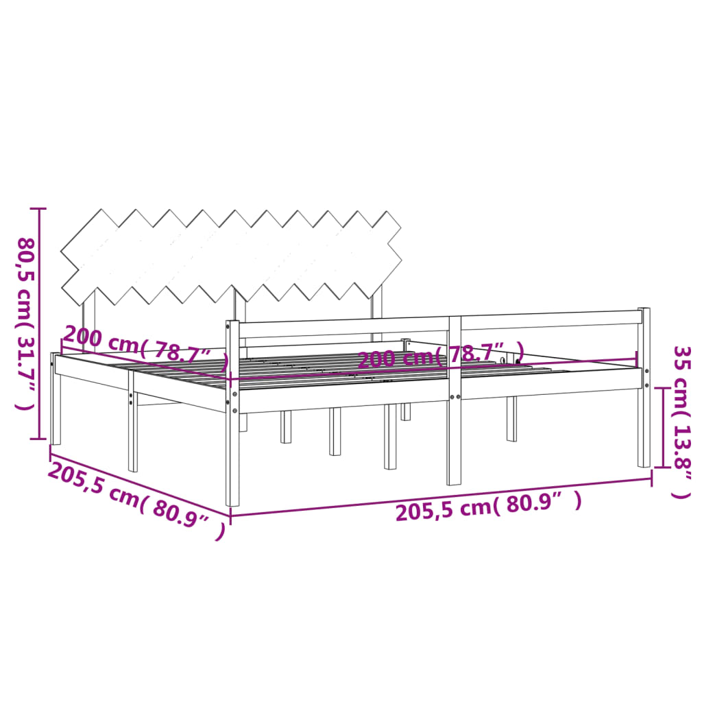 vidaXL Letto per Anziani con Testiera Nero 200x200 cm Legno Massello