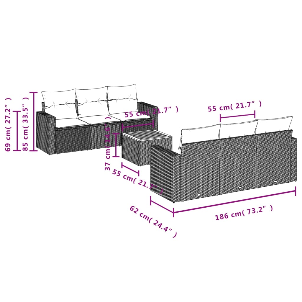 vidaXL Set Divani da Giardino con Cuscini 7pz Nero Polyrattan