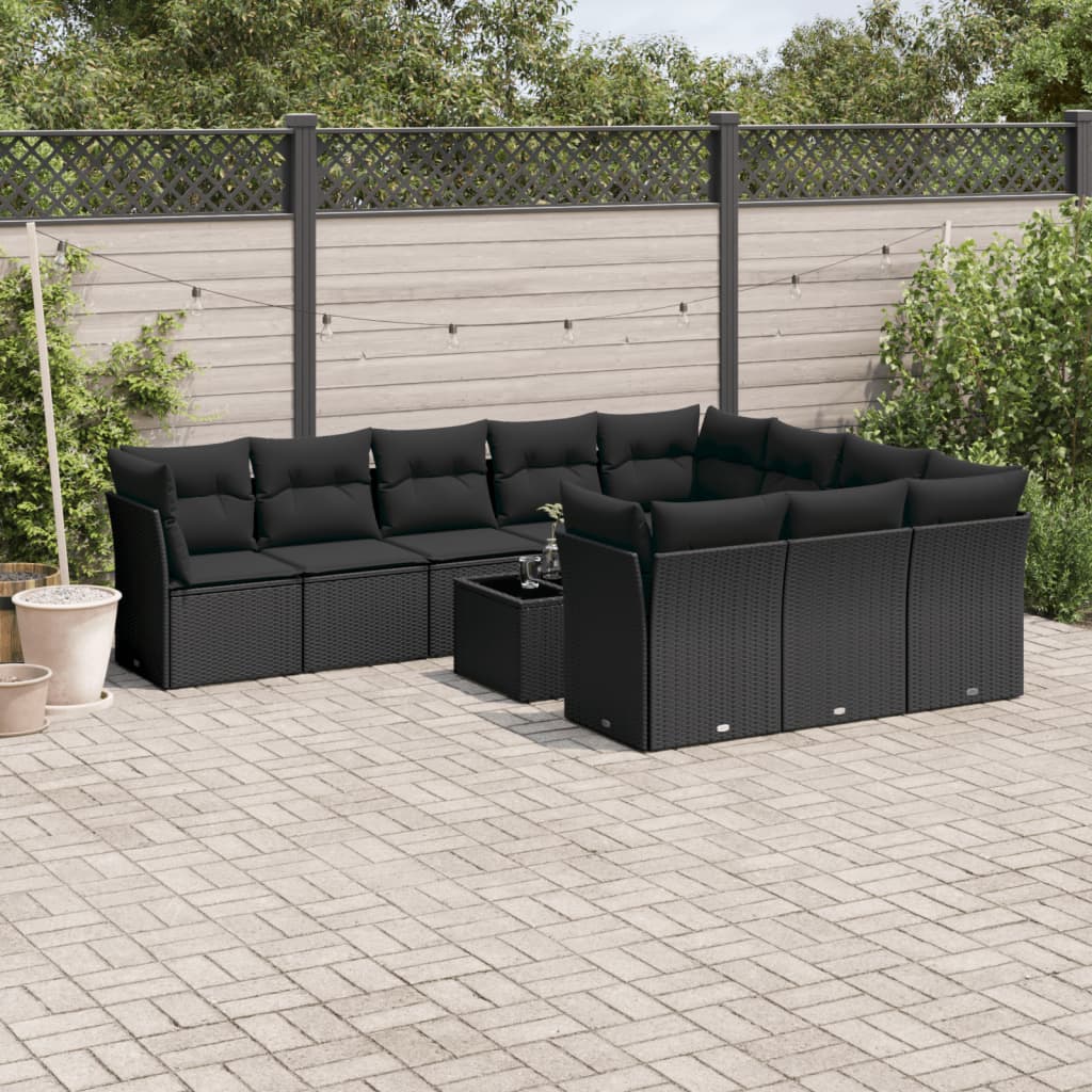 vidaXL Set Divani da Giardino 11 pz con Cuscini in Polyrattan Nero