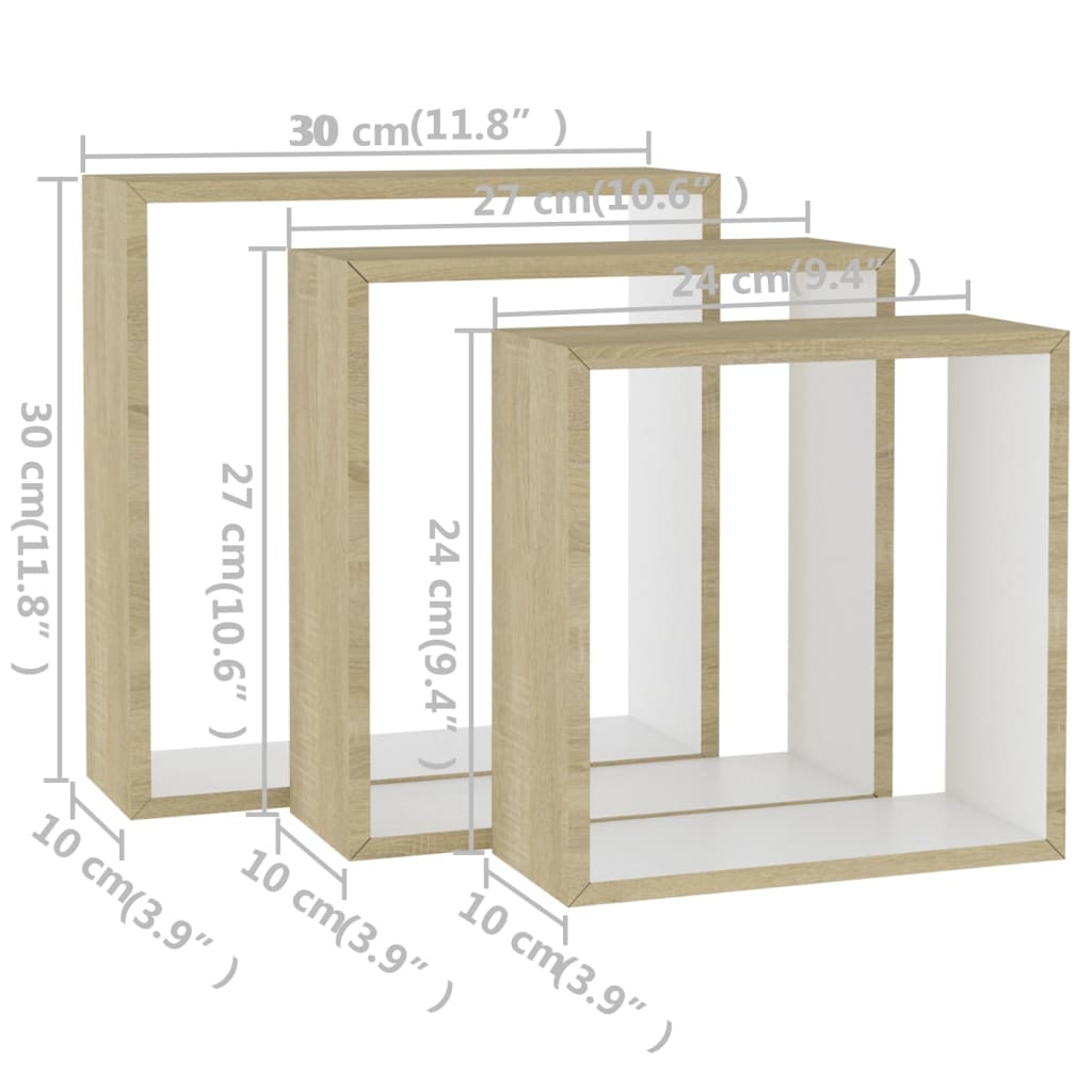 vidaXL Mensole a Cubo da Parete 3 pz Bianco Rovere Sonoma