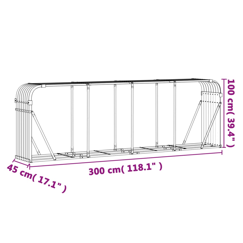 vidaXL Portaceppi Marrone 300x45x100 cm in Acciaio Zincato