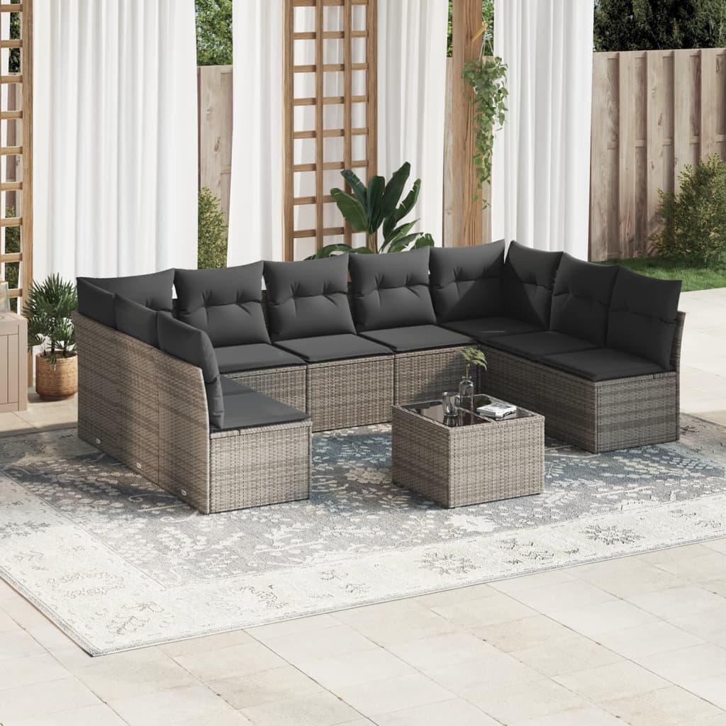 vidaXL Set Divano da Giardino 10 pz con Cuscini Grigio in Polyrattan