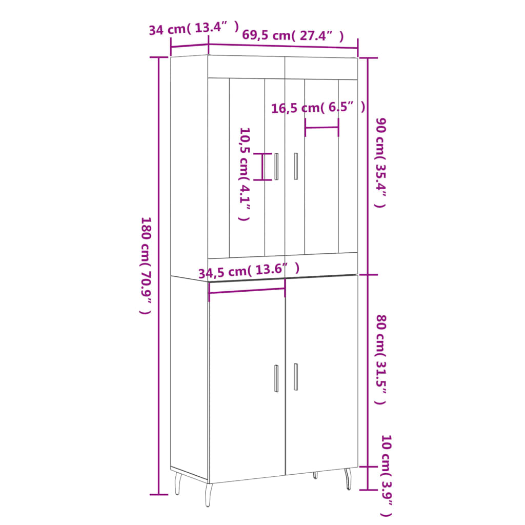 vidaXL Credenza Nera 69,5x34x180 cm in Legno Multistrato