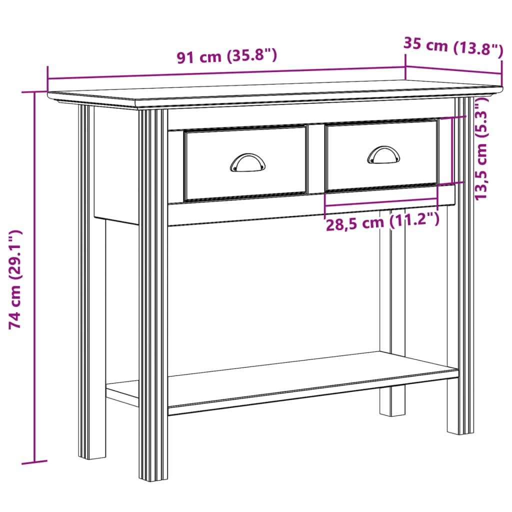 vidaXL Tavolo Consolle BODO 91x35x74 cm Legno Massello Pino Marrone