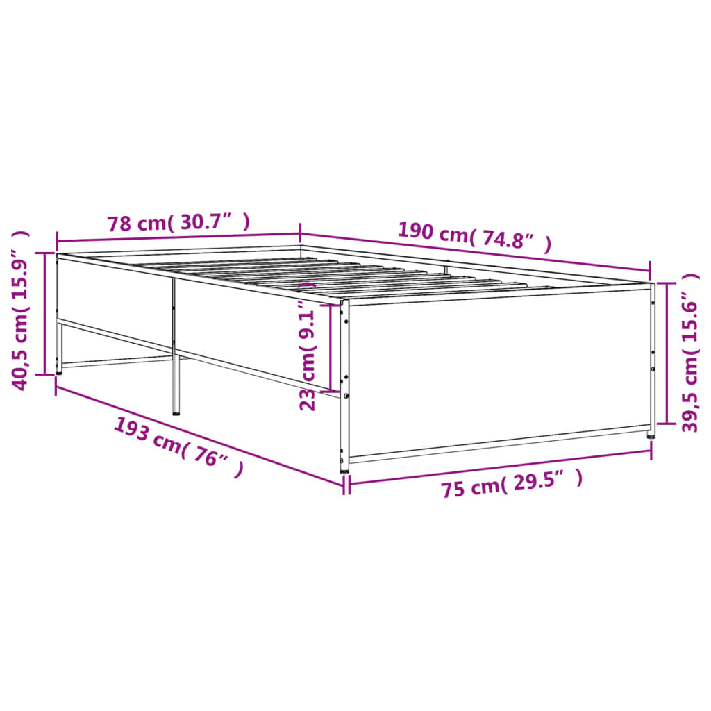 vidaXL Giroletto Grigio Sonoma 75x190cm in Legno Multistrato e Metallo